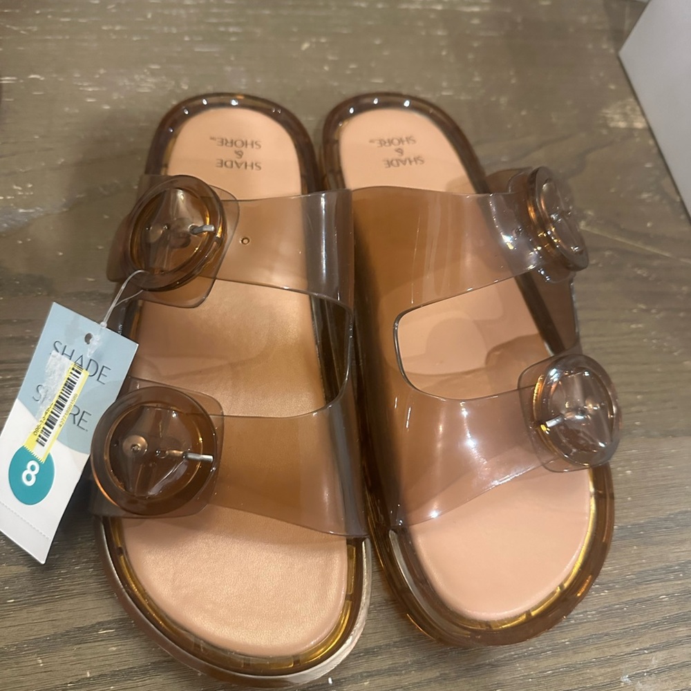 Shade & Shore Women's Brown Transparent Double-Buckle Slide Sandals